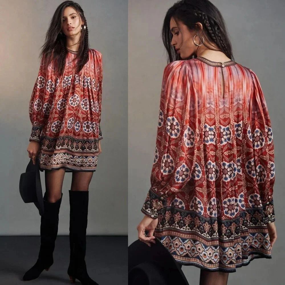 Anthropologie Tanvi Kedia Boho Mini Dress in Pink Combo Size Medium NWT $190